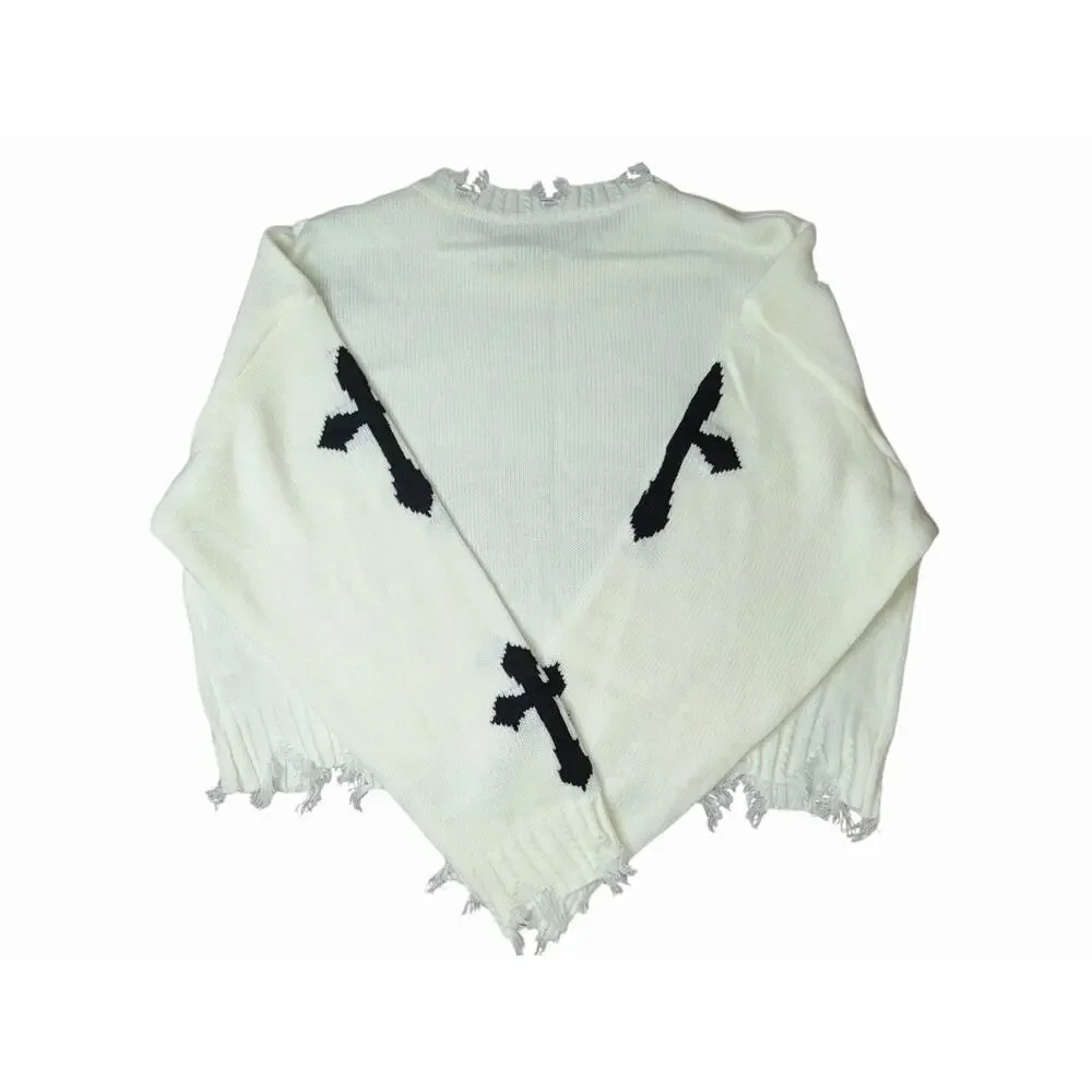 White Distressed Knit Sweater with Black Cross Details